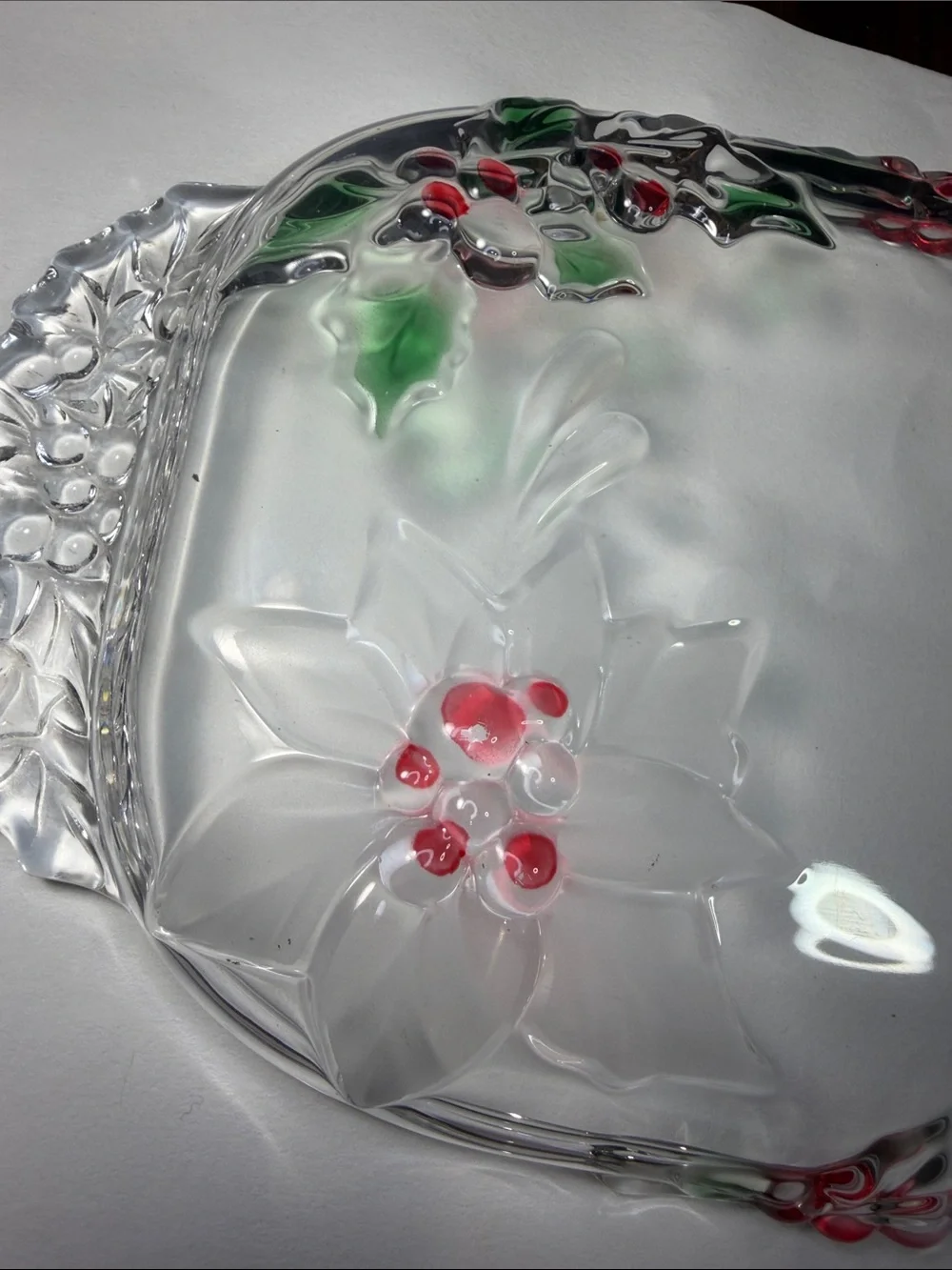 Clear Poinsettia Glass Serving Tray with Red and Green Accents - Picture 7 of 7